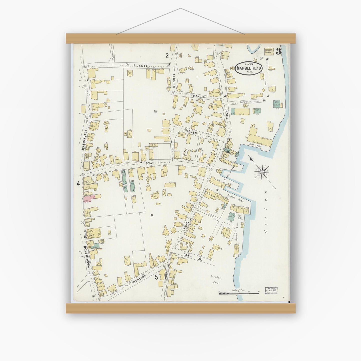 Old map wall art mockup — magnetic wood frame on white wall — Sanborn Fire Insurance Map from Marblehead, Essex County, Massachusetts (1896), Sheet #0003