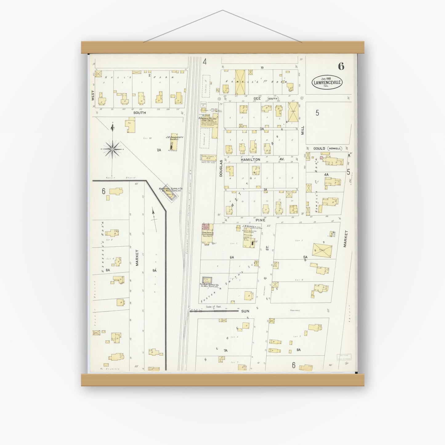 Old map wall art mockup — magnetic wood frame on white wall — Sanborn Fire Insurance Map from Lawrenceville, Lawrence County, Illinois (1908), Sheet #0006