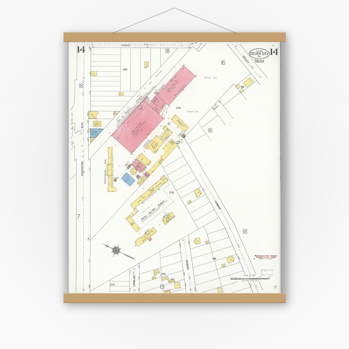 Old map wall art mockup — magnetic wood frame on white wall — Sanborn Fire Insurance Map from Culver City, Los Angeles County, California (1924), Sheet #0014