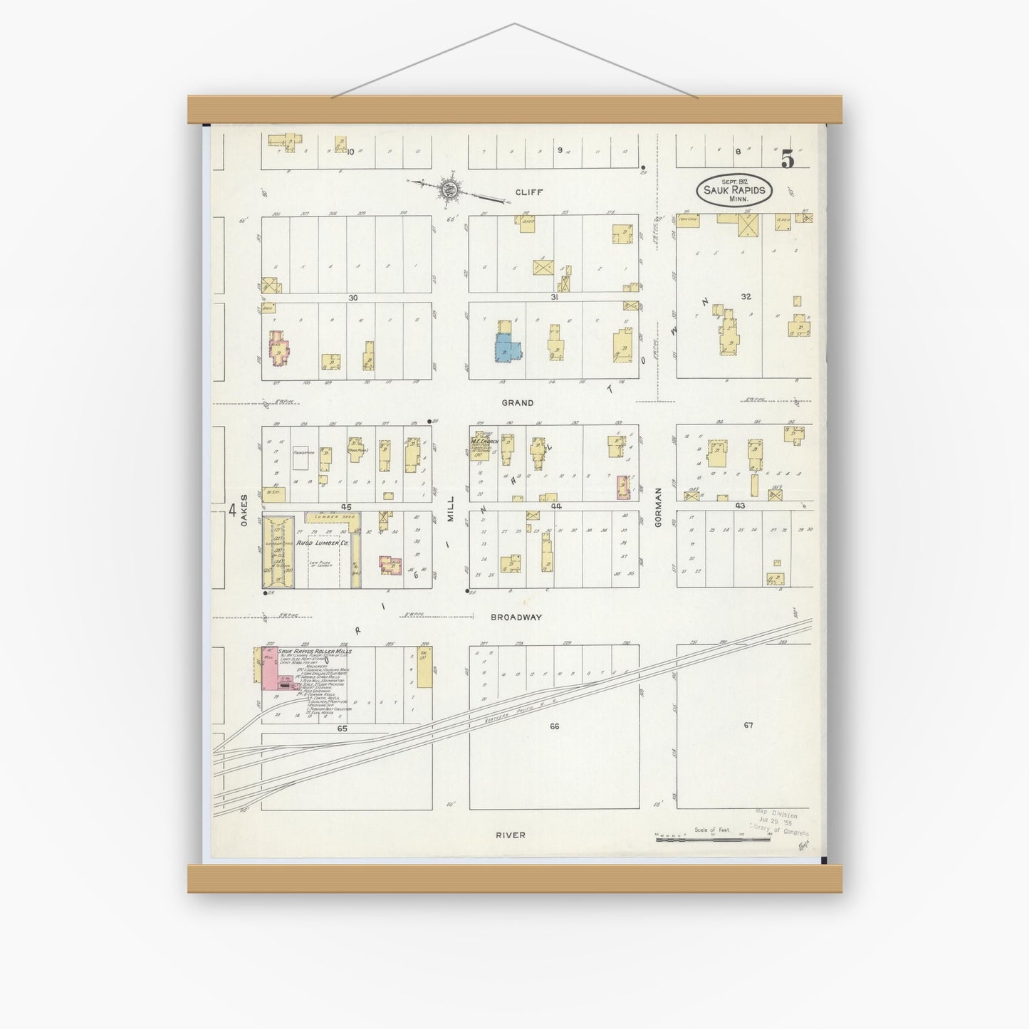 Old map wall art mockup — magnetic wood frame on white wall — Sanborn Fire Insurance Map from Sauk Rapids, Benton County, Minnesota (1912), Sheet #0005