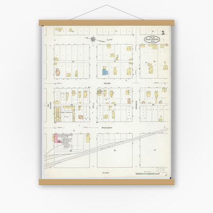 Old map wall art mockup — magnetic wood frame on white wall — Sanborn Fire Insurance Map from Sauk Rapids, Benton County, Minnesota (1912), Sheet #0005