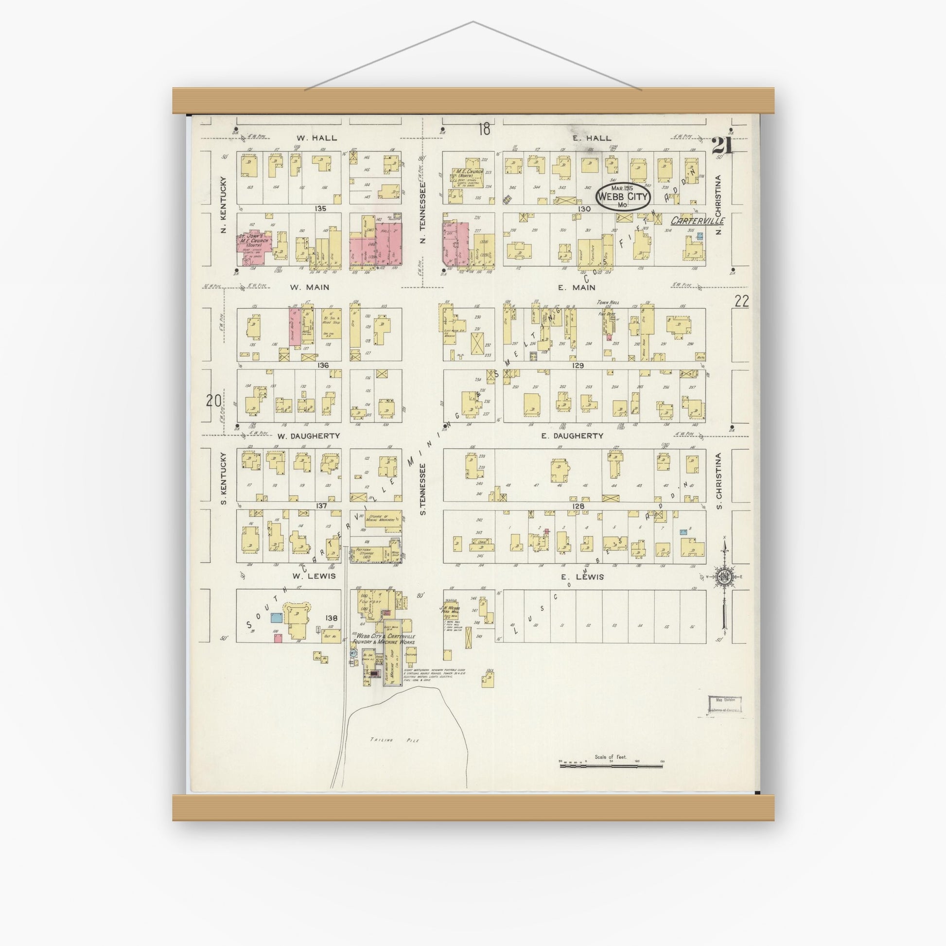 Old map wall art mockup — magnetic wood frame on white wall — Sanborn Fire Insurance Map from Webb City, Jasper County, Missouri (1915), Sheet #0021