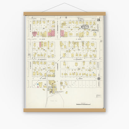 Old map wall art mockup — magnetic wood frame on white wall — Sanborn Fire Insurance Map from Webb City, Jasper County, Missouri (1915), Sheet #0021