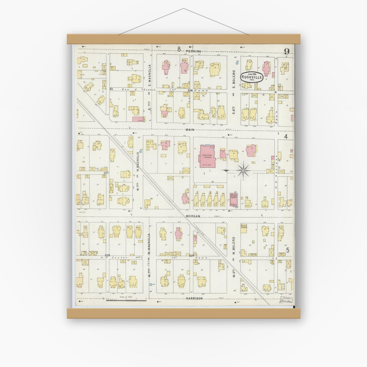 Old map wall art mockup — magnetic wood frame on white wall — Sanborn Fire Insurance Map from Rushville, Rush County, Indiana (1896), Sheet #0009