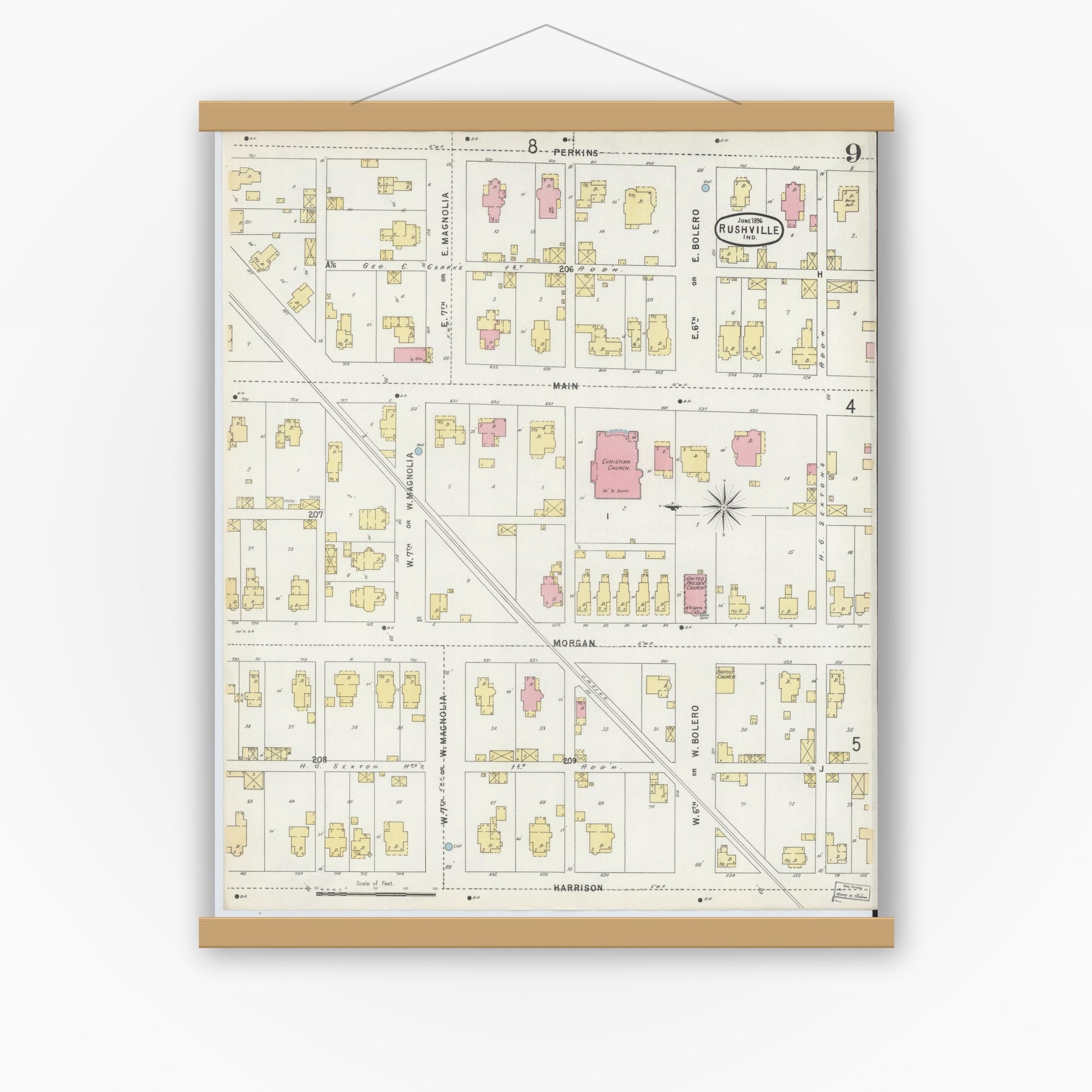 Old map wall art mockup — magnetic wood frame on white wall — Sanborn Fire Insurance Map from Rushville, Rush County, Indiana (1896), Sheet #0009