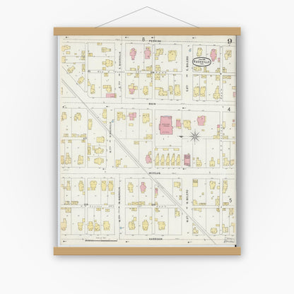 Old map wall art mockup — magnetic wood frame on white wall — Sanborn Fire Insurance Map from Rushville, Rush County, Indiana (1896), Sheet #0009