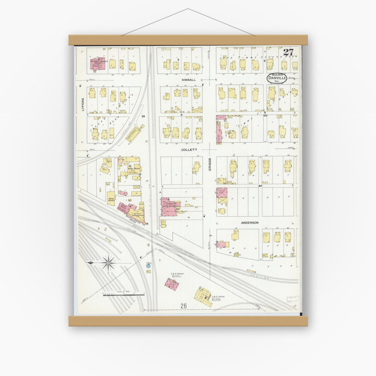 Old map wall art mockup — magnetic wood frame on white wall — Sanborn Fire Insurance Map from Danville, Vermilion County, Illinois (1909), Sheet #0027