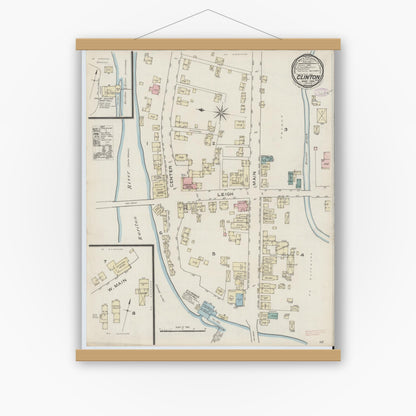 Old map wall art mockup — magnetic wood frame on white wall — Sanborn Fire Insurance Map from Clinton, Hunterdon County, New Jersey (1886), Sheet #0001