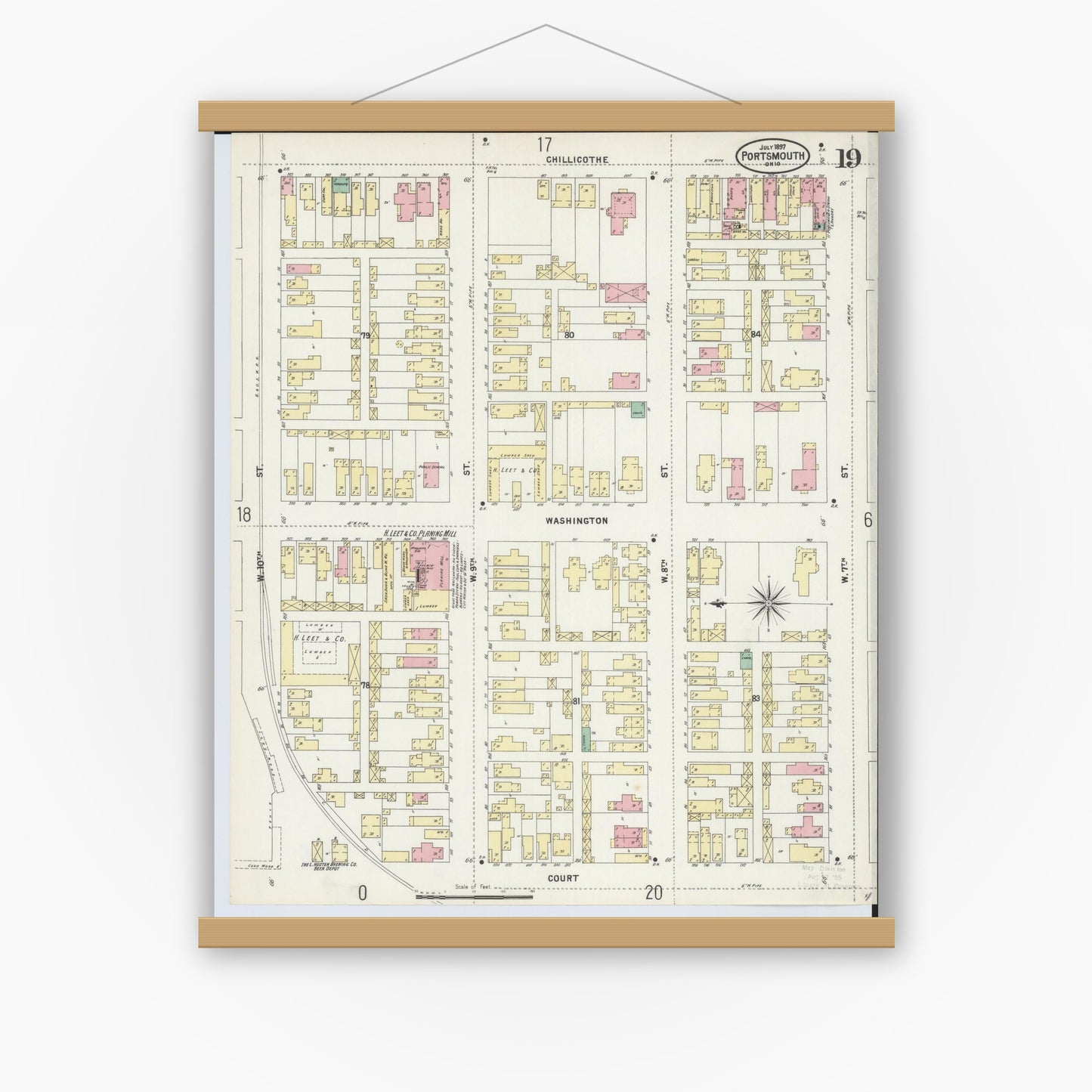 Old map wall art mockup — magnetic wood frame on white wall — Sanborn Fire Insurance Map from Portsmouth, Scioto County, Ohio (1897), Sheet #0019