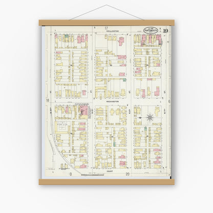 Old map wall art mockup — magnetic wood frame on white wall — Sanborn Fire Insurance Map from Portsmouth, Scioto County, Ohio (1897), Sheet #0019