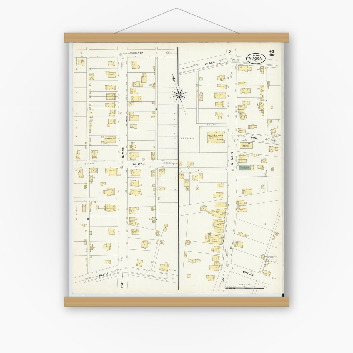 Old map wall art mockup — magnetic wood frame on white wall — Sanborn Fire Insurance Map from Avoca, Luzerne County, Pennsylvania (1908), Sheet #0002