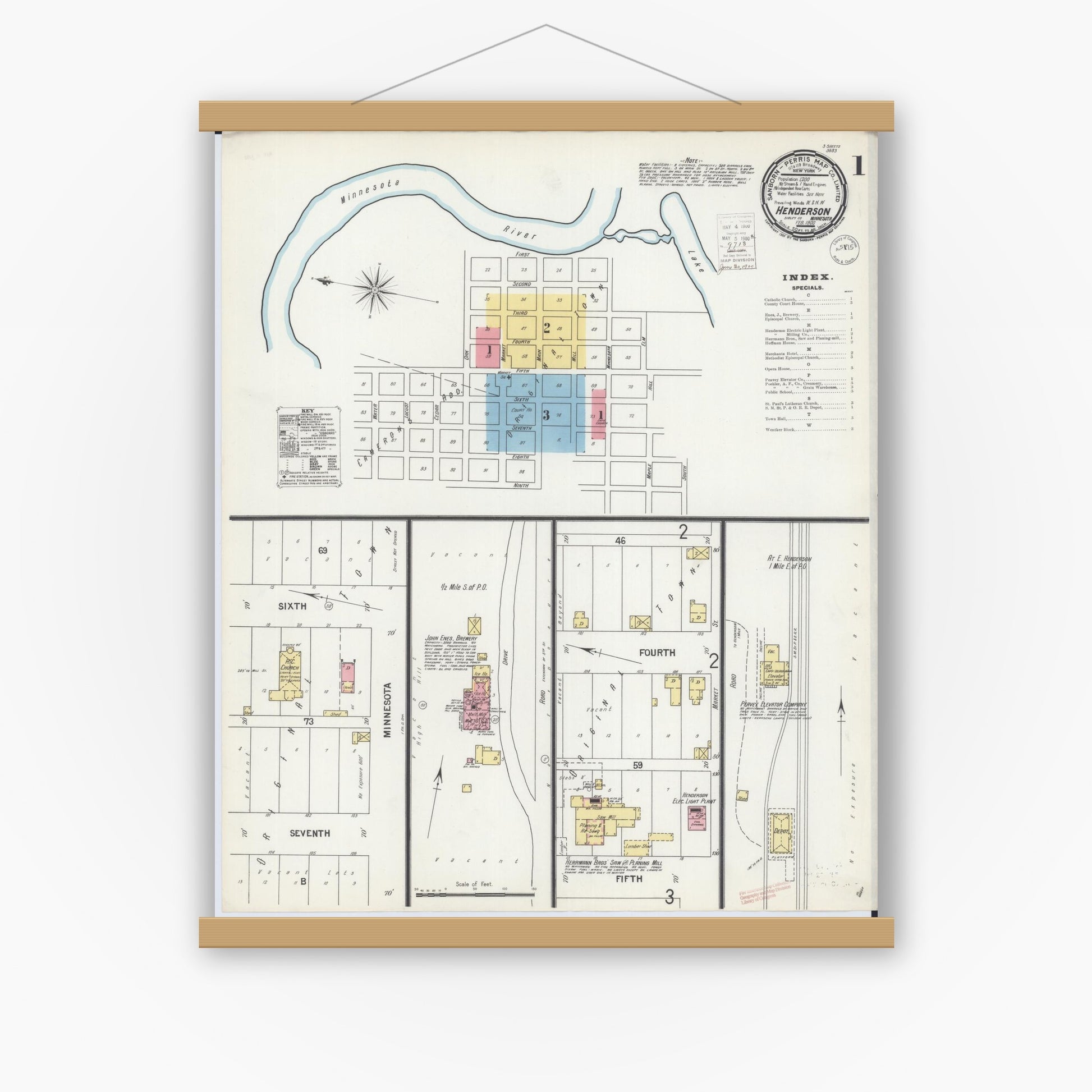 Old map wall art mockup — magnetic wood frame on white wall — Sanborn Fire Insurance Map from Henderson, Sibley County, Minnesota (1900), Sheet #0001