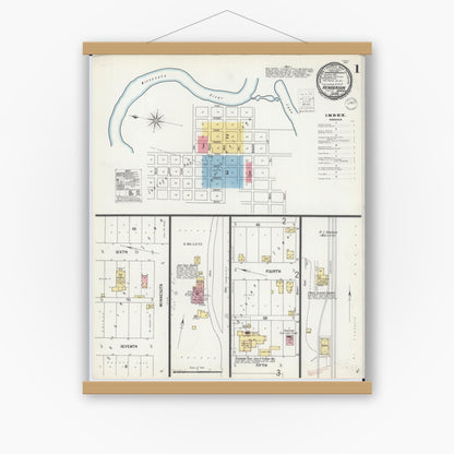Old map wall art mockup — magnetic wood frame on white wall — Sanborn Fire Insurance Map from Henderson, Sibley County, Minnesota (1900), Sheet #0001