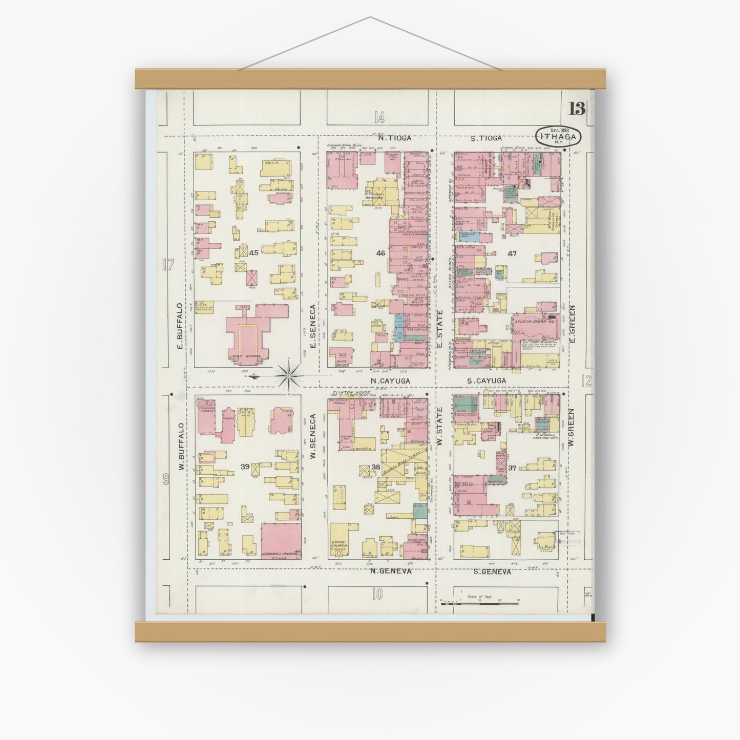 Old map wall art mockup — magnetic wood frame on white wall — Sanborn Fire Insurance Map from Ithaca, Tompkins County, New York (1893), Sheet #0013
