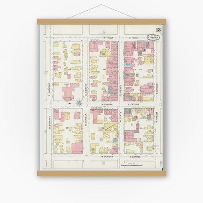 Old map wall art mockup — magnetic wood frame on white wall — Sanborn Fire Insurance Map from Ithaca, Tompkins County, New York (1893), Sheet #0013