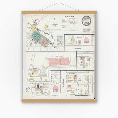 Old map wall art mockup — magnetic wood frame on white wall — Sanborn Fire Insurance Map from Jackson, Jackson County, Ohio (1892), Sheet #0001