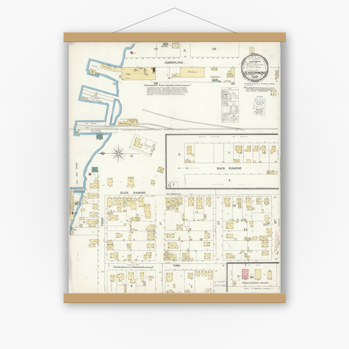 Old map wall art mockup — magnetic wood frame on white wall — Sanborn Fire Insurance Map from Black Diamond, Contra Costa, California (1900), Sheet #0001