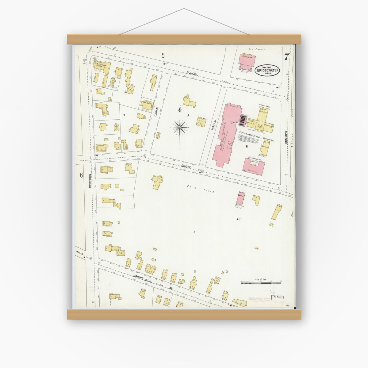 Old map wall art mockup — magnetic wood frame on white wall — Sanborn Fire Insurance Map from Bridgewater, Plymouth County, Massachusetts (1906), Sheet #0007