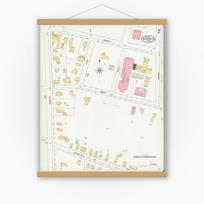 Old map wall art mockup — magnetic wood frame on white wall — Sanborn Fire Insurance Map from Bridgewater, Plymouth County, Massachusetts (1906), Sheet #0007