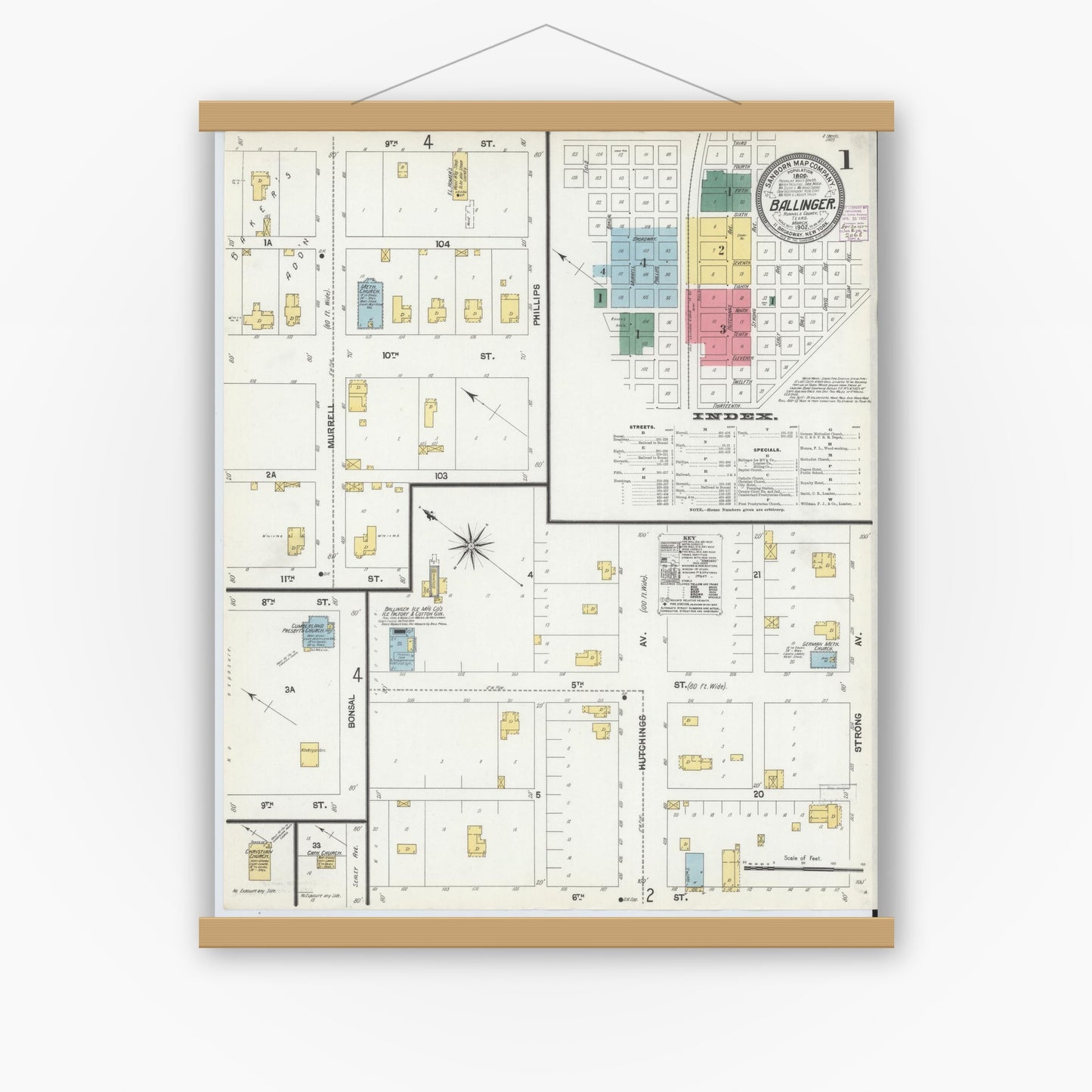 Old map wall art mockup — magnetic wood frame on white wall — Sanborn Fire Insurance Map from Ballinger, Runnels County, Texas (1902), Sheet #0001