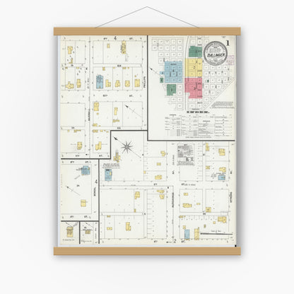 Old map wall art mockup — magnetic wood frame on white wall — Sanborn Fire Insurance Map from Ballinger, Runnels County, Texas (1902), Sheet #0001