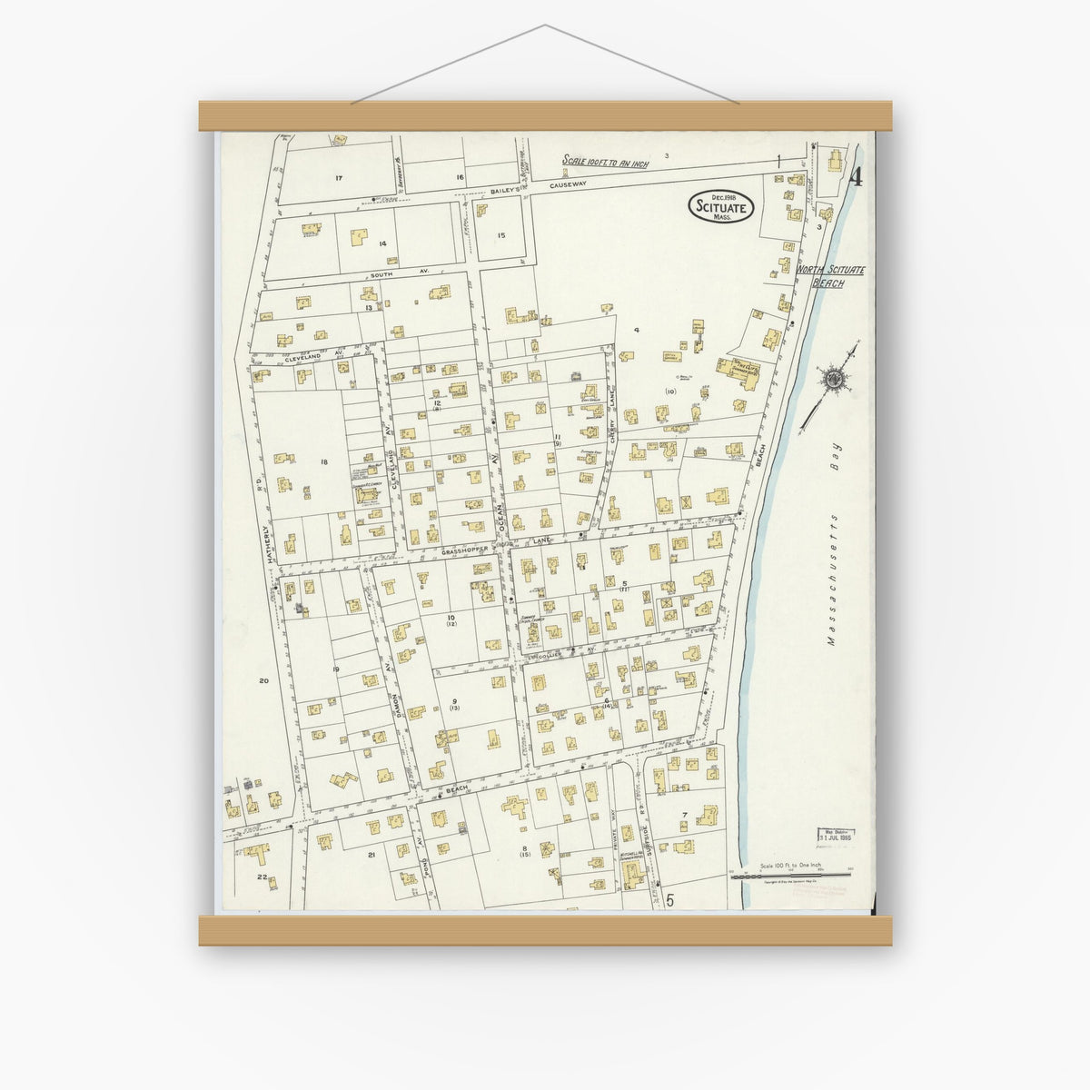 Old map wall art mockup — magnetic wood frame on white wall — Sanborn Fire Insurance Map from Scituate, Plymouth County, Massachusetts (1918), Sheet #0004