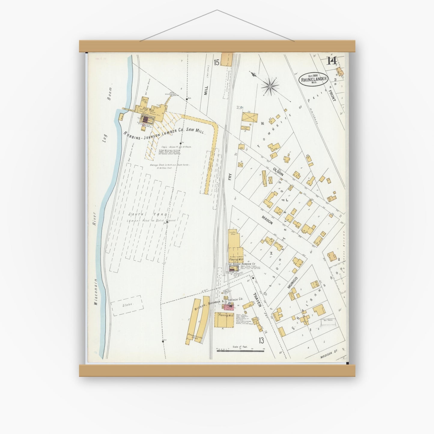 Old map wall art mockup — magnetic wood frame on white wall — Sanborn Fire Insurance Map from Rhinelander, Oneida County, Wisconsin (1900), Sheet #0014