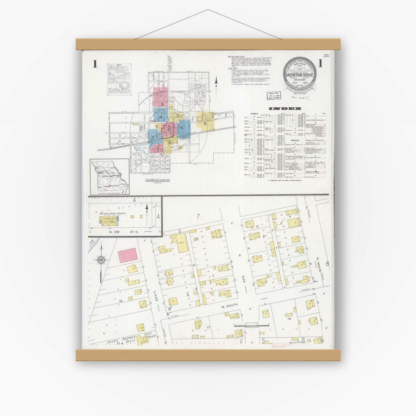 Old map wall art mockup — magnetic wood frame on white wall — Sanborn Fire Insurance Map from Mountain Grove, Wright County, Missouri (1929) - Complete Map Set