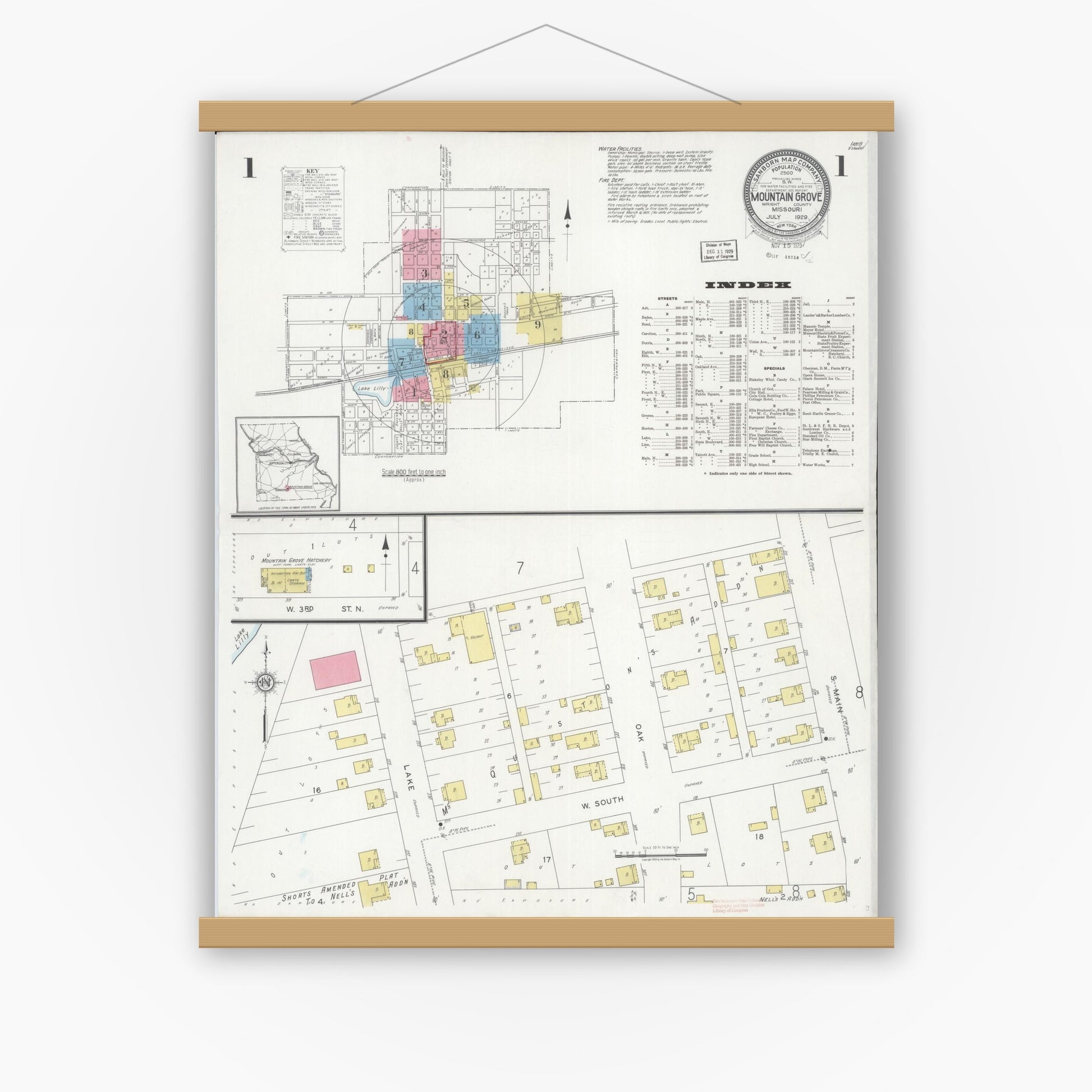Old map wall art mockup — magnetic wood frame on white wall — Sanborn Fire Insurance Map from Mountain Grove, Wright County, Missouri (1929) - Complete Map Set