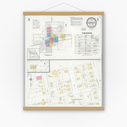 Old map wall art mockup — magnetic wood frame on white wall — Sanborn Fire Insurance Map from Mountain Grove, Wright County, Missouri (1929) - Complete Map Set