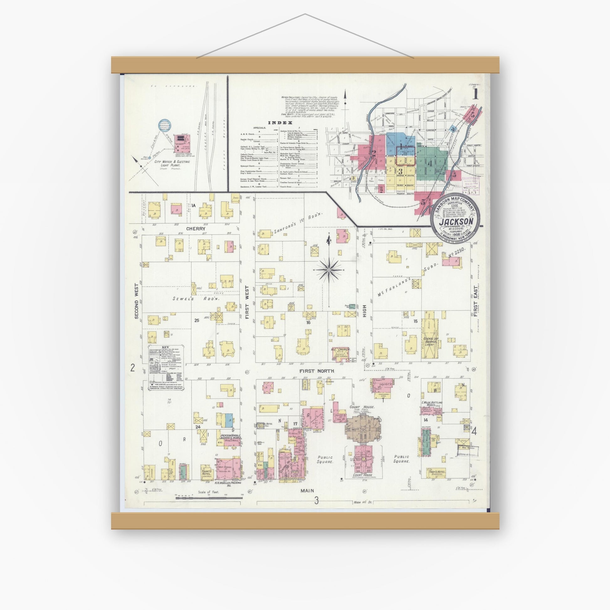 Old map wall art mockup — magnetic wood frame on white wall — Sanborn Fire Insurance Map from Jackson, Cape Girardeau County, Missouri (1908), Sheet #0001