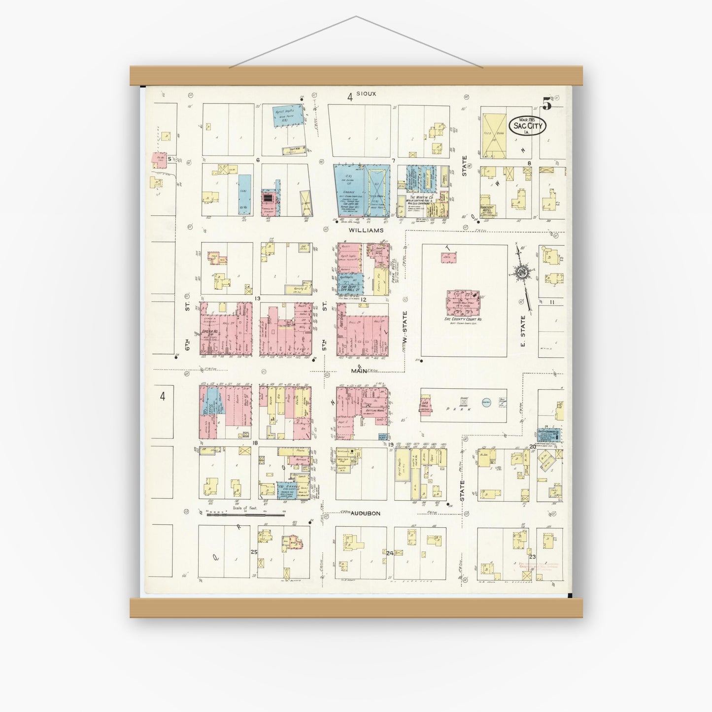 Old map wall art mockup — magnetic wood frame on white wall — Sanborn Fire Insurance Map from Sac City, Sac County, Iowa (1915), Sheet #0005