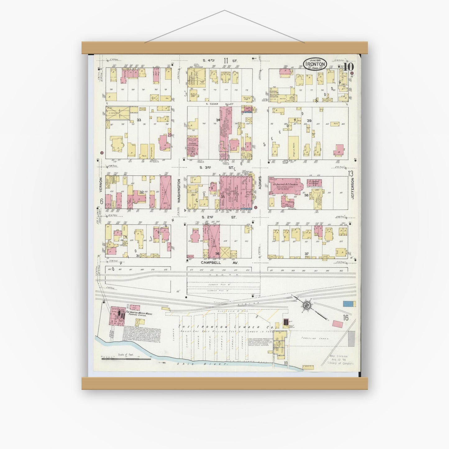 Old map wall art mockup — magnetic wood frame on white wall — Sanborn Fire Insurance Map from Ironton, Lawrence County, Ohio (1916), Sheet #0010