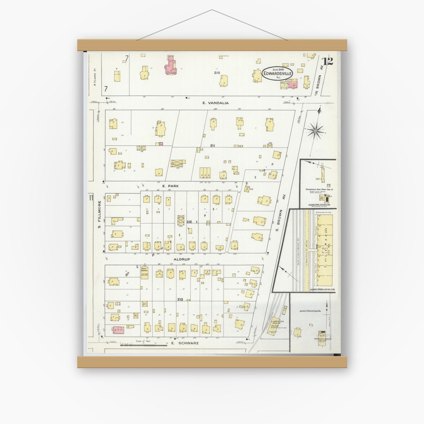 Old map wall art mockup — magnetic wood frame on white wall — Sanborn Fire Insurance Map from Edwardsville, Madison County, Illinois (1909), Sheet #0012