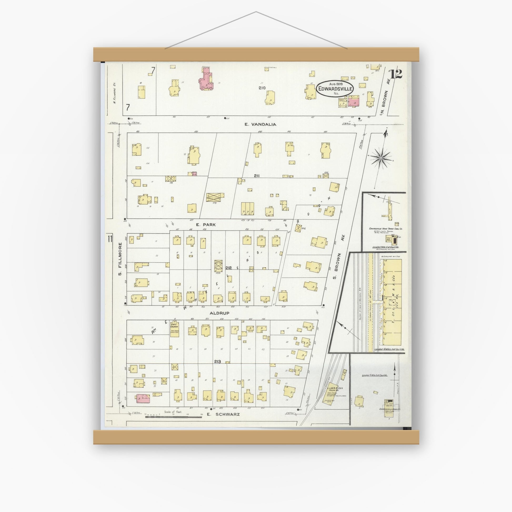 Old map wall art mockup — magnetic wood frame on white wall — Sanborn Fire Insurance Map from Edwardsville, Madison County, Illinois (1909), Sheet #0012