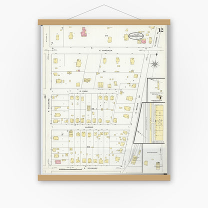Old map wall art mockup — magnetic wood frame on white wall — Sanborn Fire Insurance Map from Edwardsville, Madison County, Illinois (1909), Sheet #0012