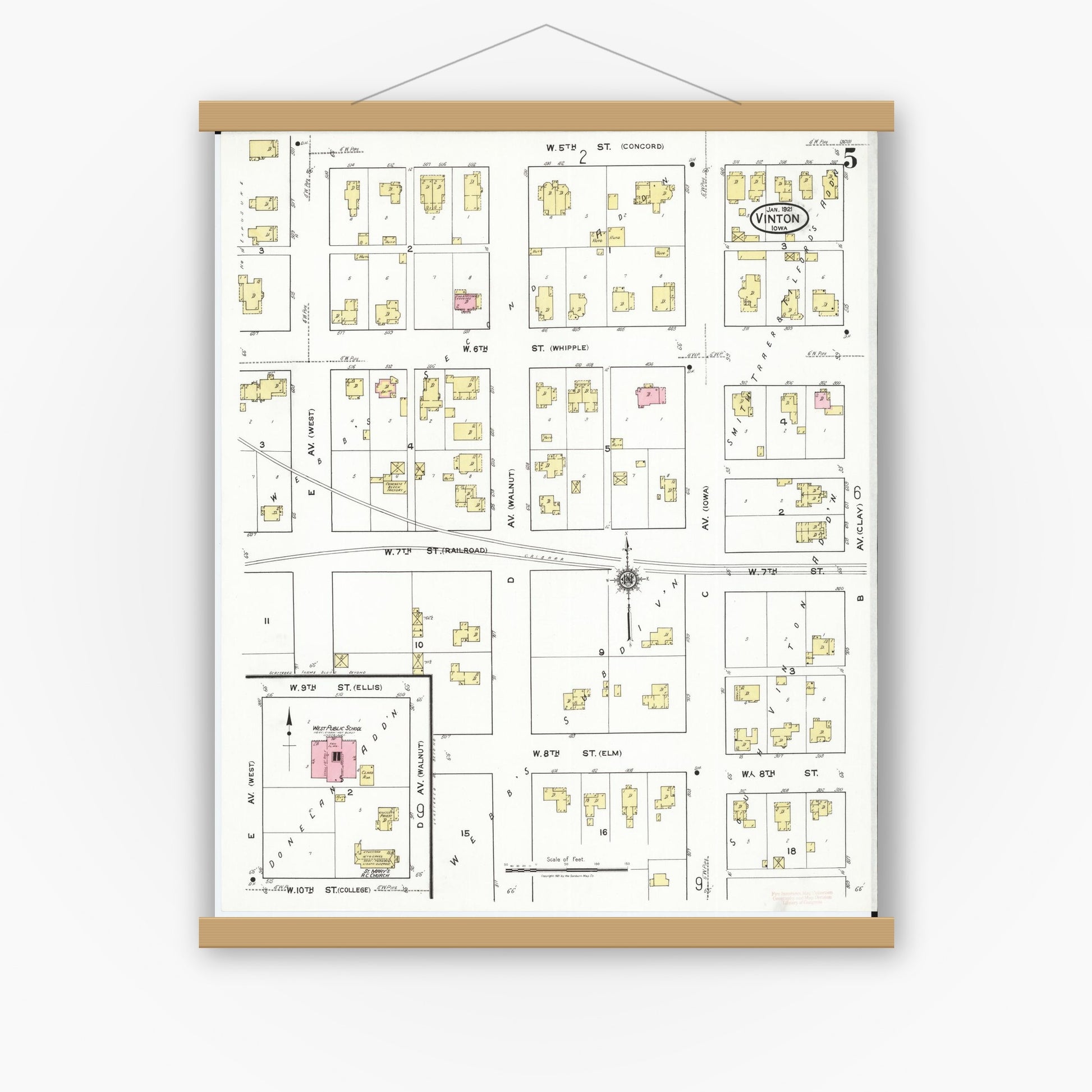 Old map wall art mockup — magnetic wood frame on white wall — Sanborn Fire Insurance Map from Vinton, Benton County, Iowa (1921), Sheet #0005