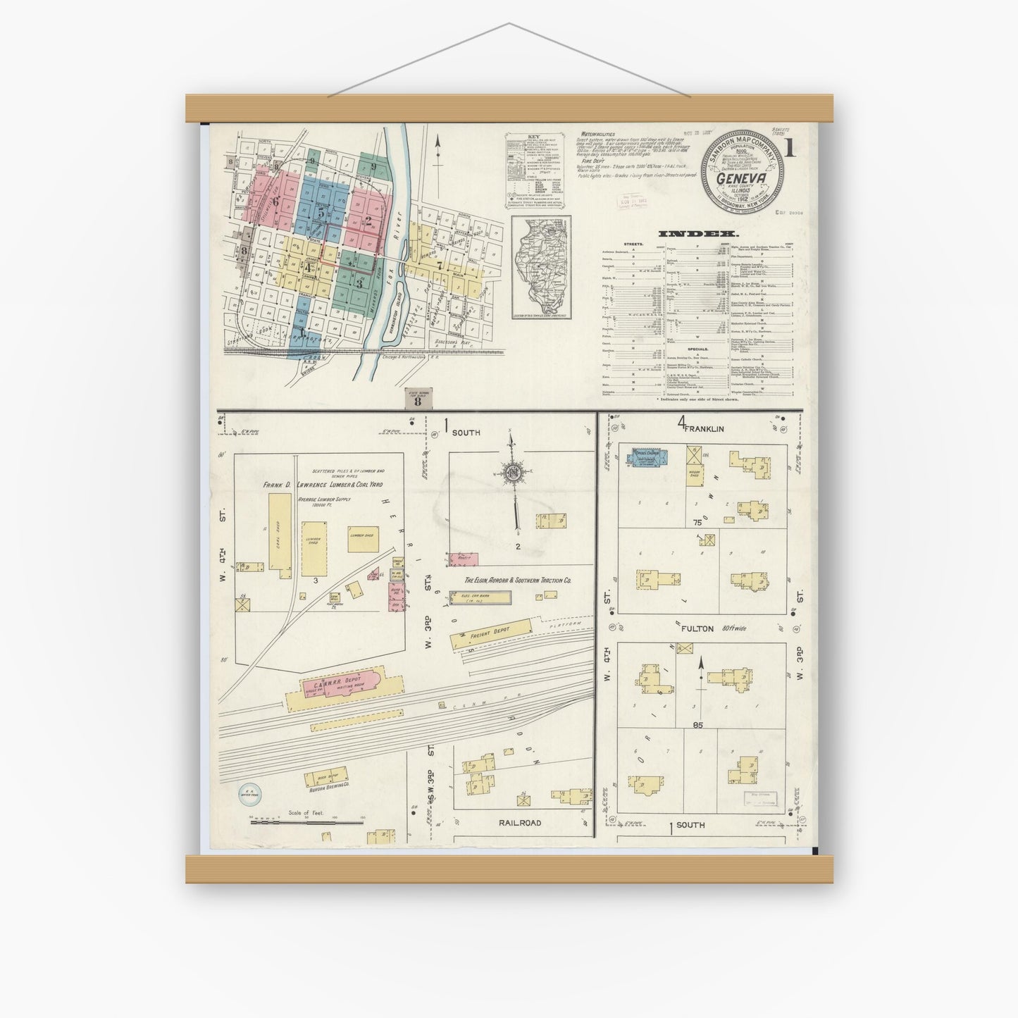Old map wall art mockup — magnetic wood frame on white wall — Sanborn Fire Insurance Map from Geneva, Kane County, Illinois (1912), Sheet #0001