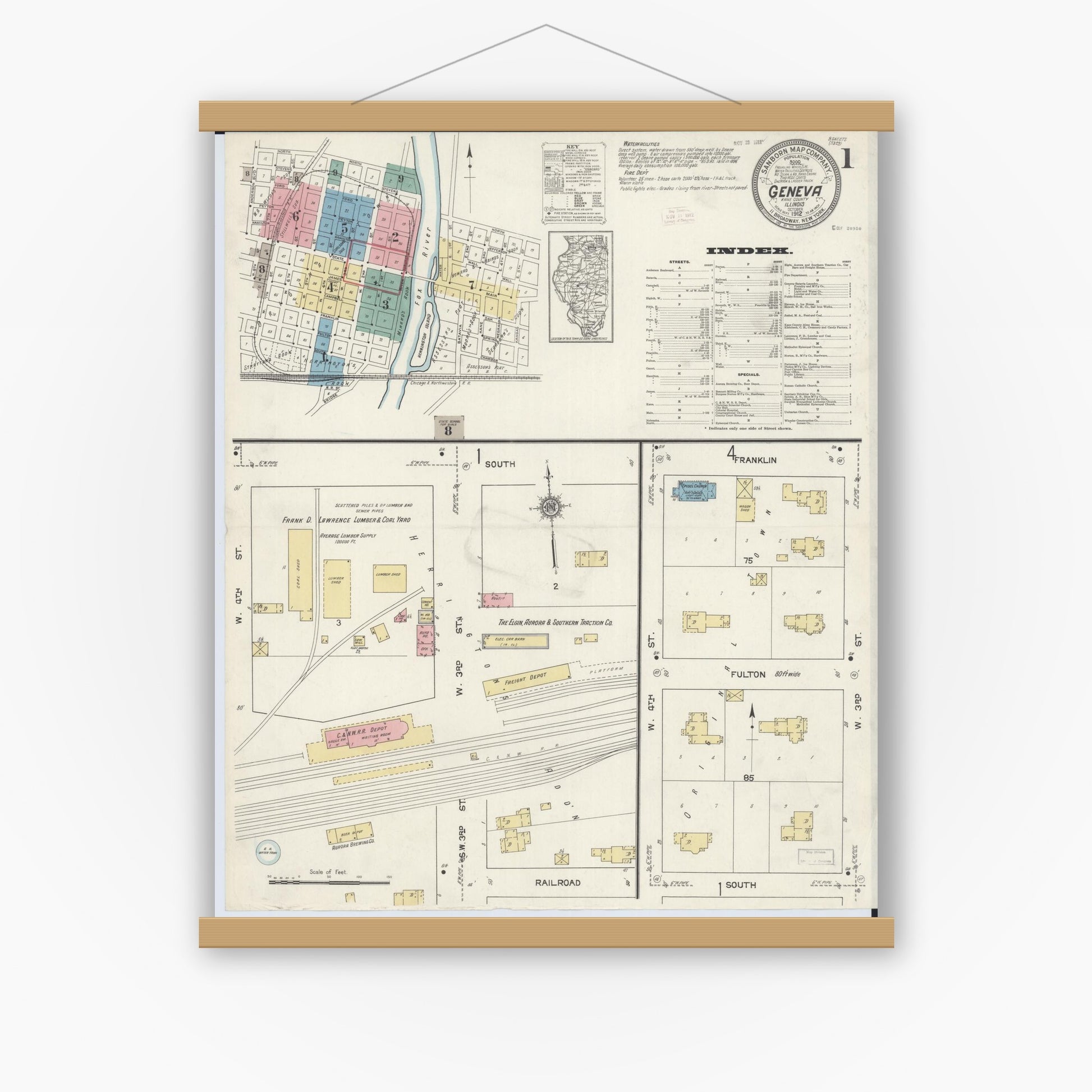Old map wall art mockup — magnetic wood frame on white wall — Sanborn Fire Insurance Map from Geneva, Kane County, Illinois (1912), Sheet #0001