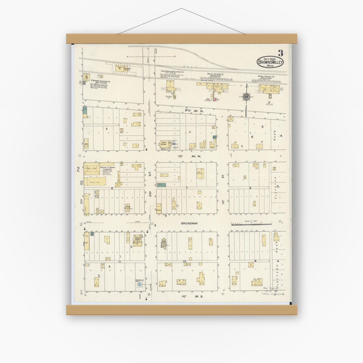 Old map wall art mockup — magnetic wood frame on white wall — Sanborn Fire Insurance Map from Browns Valley, Traverse County, Minnesota (1909), Sheet #0003