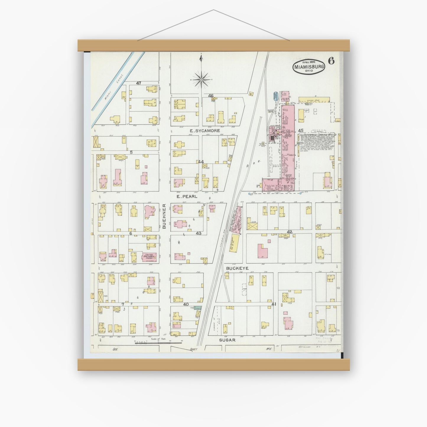 Old map wall art mockup — magnetic wood frame on white wall — Sanborn Fire Insurance Map from Miamisburg, Montgomery County, Ohio (1892), Sheet #0006