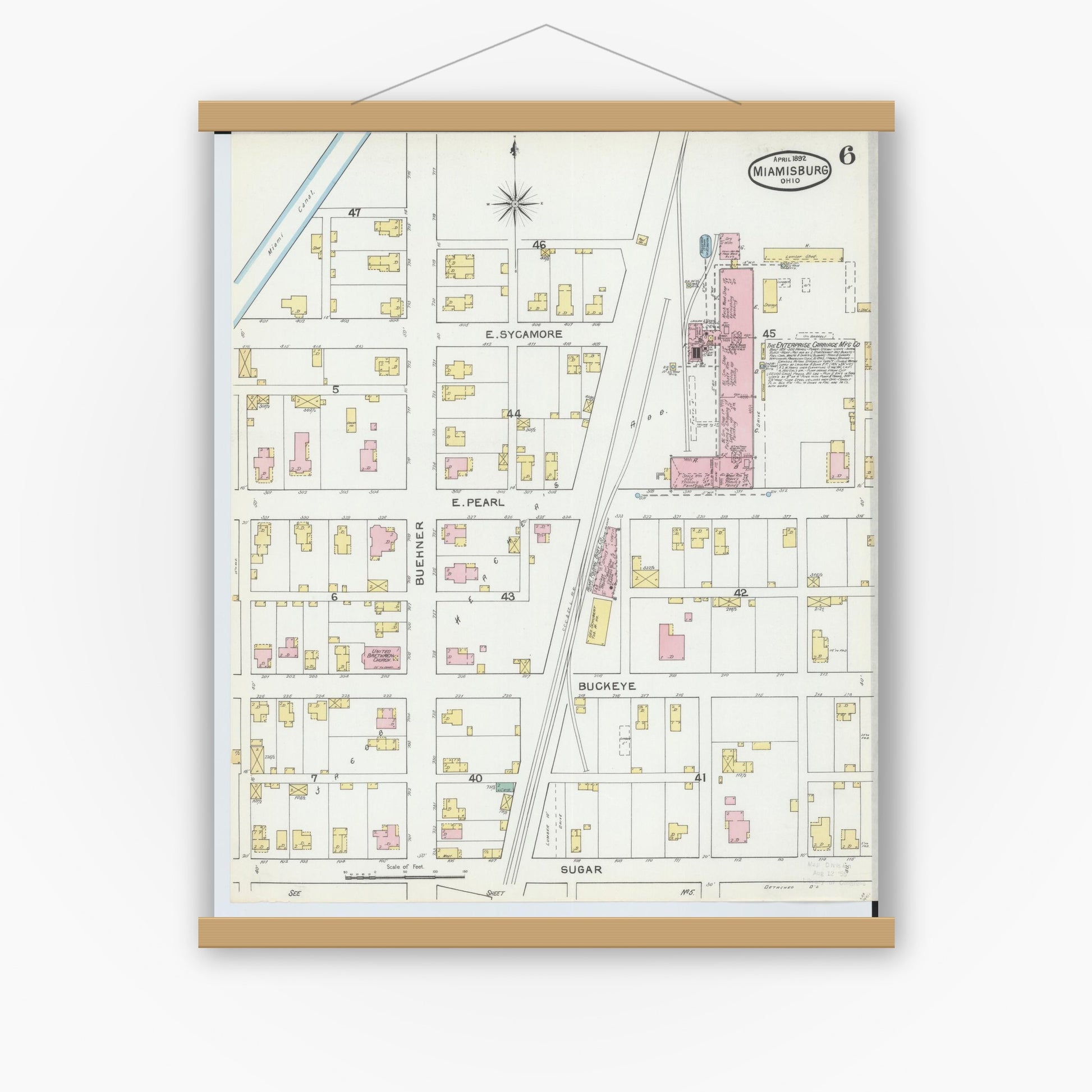 Old map wall art mockup — magnetic wood frame on white wall — Sanborn Fire Insurance Map from Miamisburg, Montgomery County, Ohio (1892), Sheet #0006