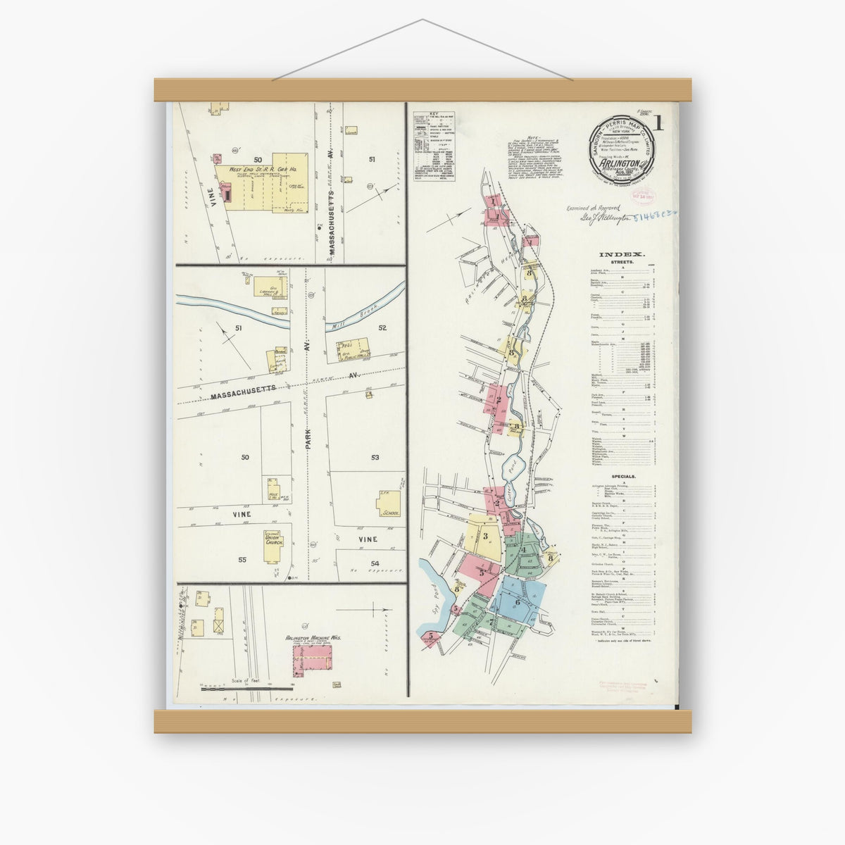 Old map wall art mockup — magnetic wood frame on white wall — Sanborn Fire Insurance Map from Arlington, Middlesex County, Massachusetts (1897), Sheet #0001