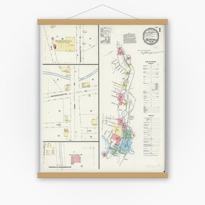 Old map wall art mockup — magnetic wood frame on white wall — Sanborn Fire Insurance Map from Arlington, Middlesex County, Massachusetts (1897), Sheet #0001