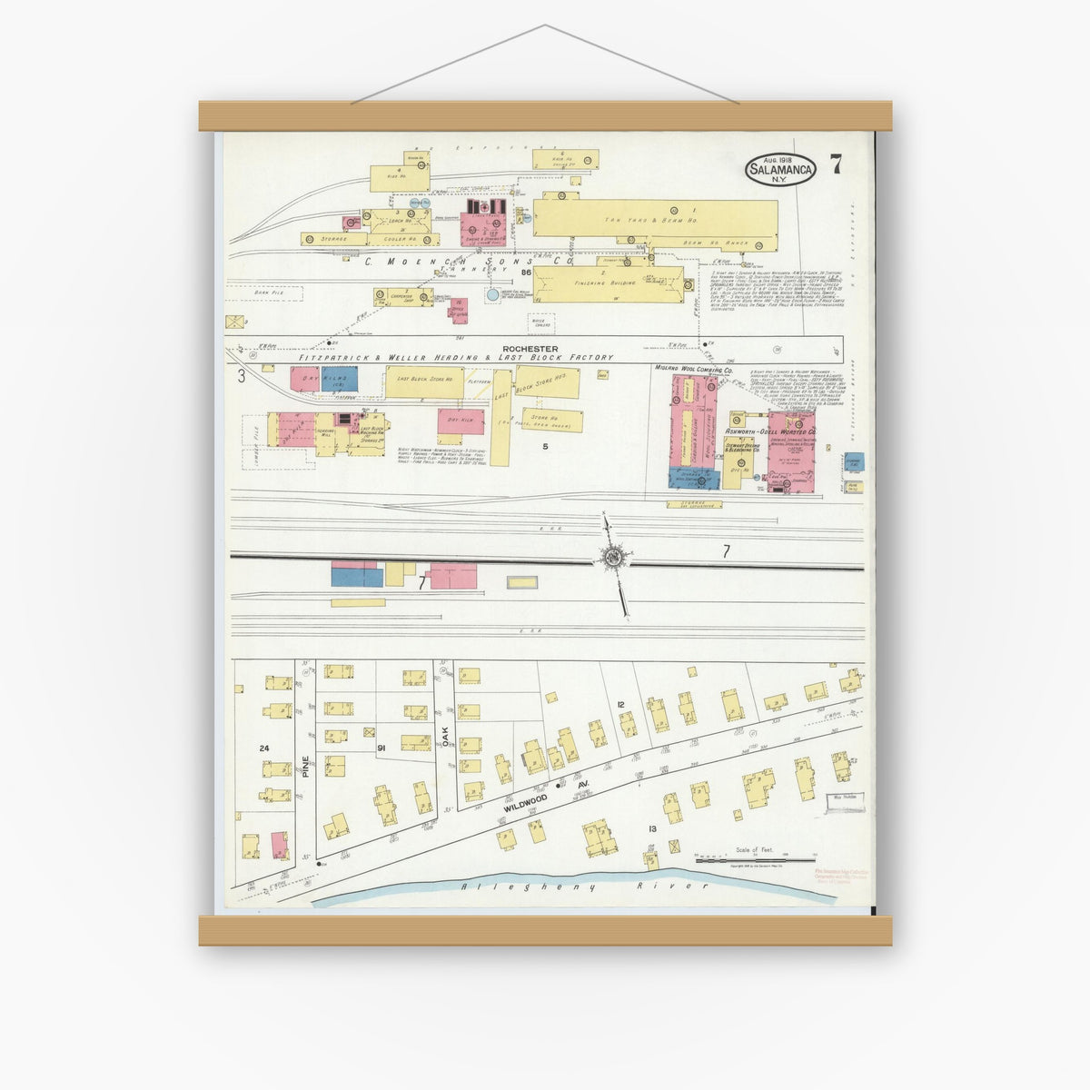 Old map wall art mockup — magnetic wood frame on white wall — Sanborn Fire Insurance Map from Salamanca, Cattaraugus County, New York (1918), Sheet #0007