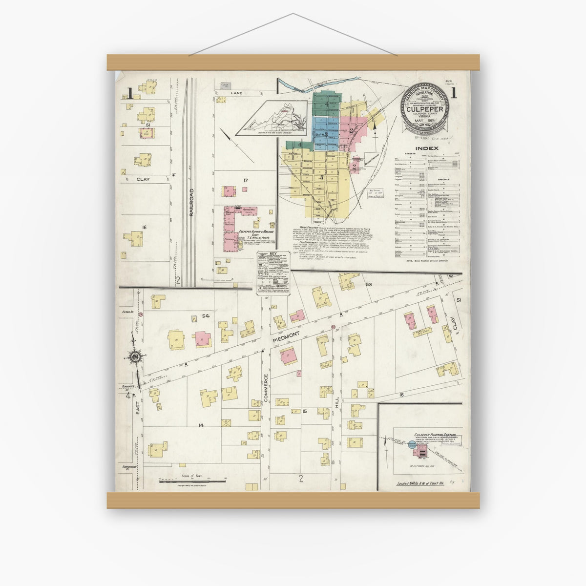 Old map wall art mockup — magnetic wood frame on white wall — Sanborn Fire Insurance Map from Culpeper, Culpeper County, Virginia (1924), Sheet #0001