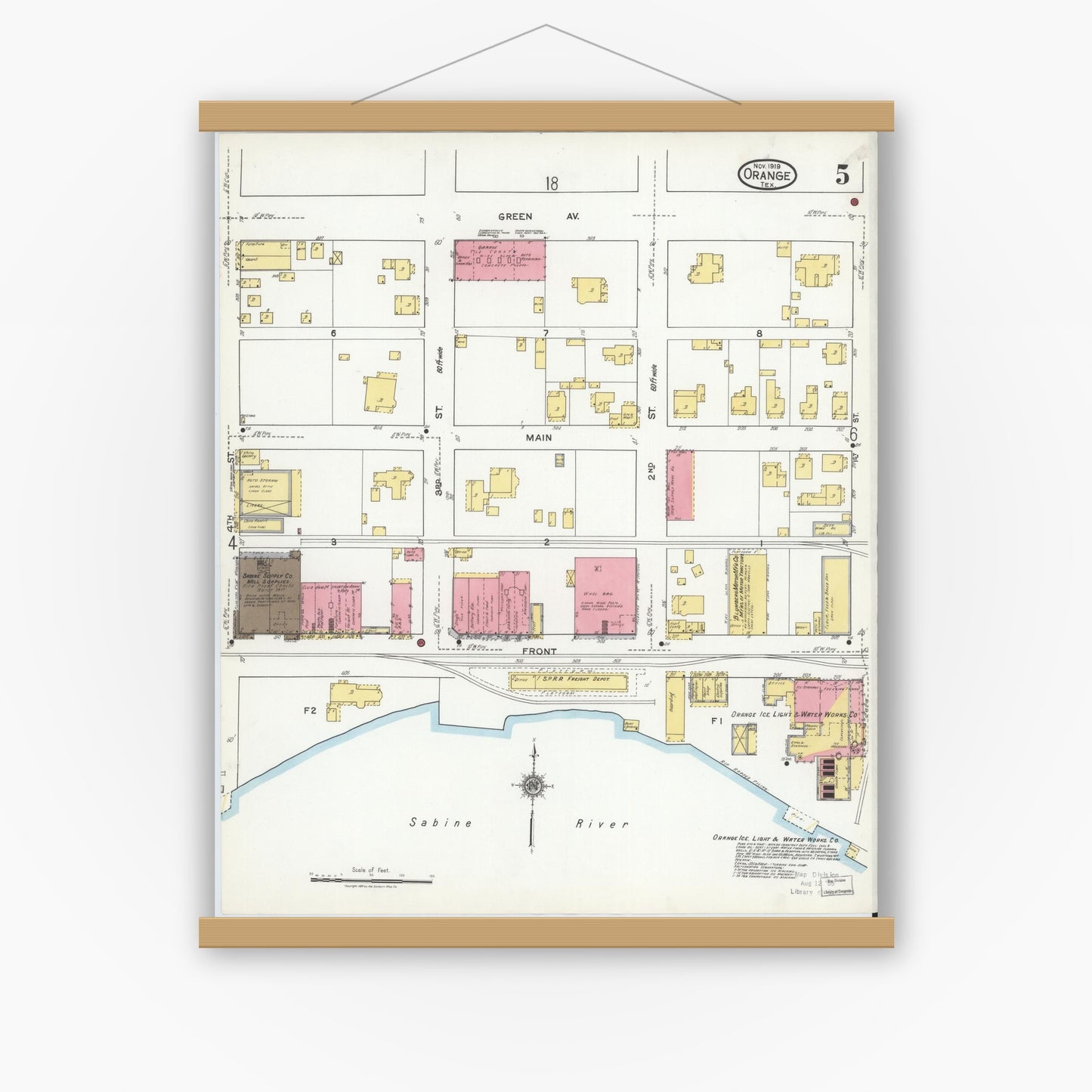 Old map wall art mockup — magnetic wood frame on white wall — Sanborn Fire Insurance Map from Orange, Orange County, Texas (1919), Sheet #0005