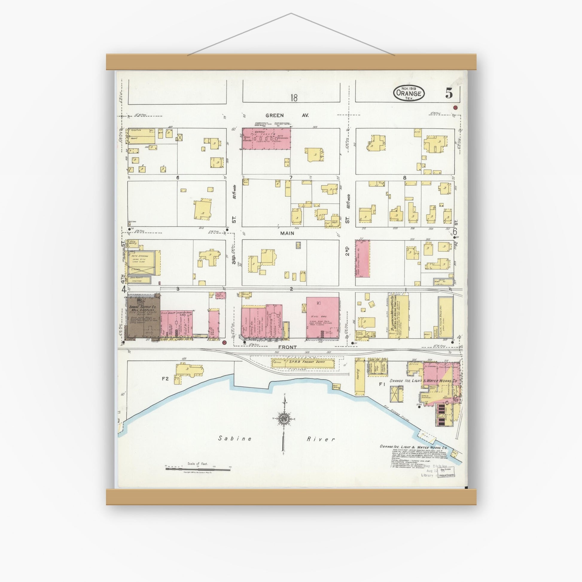 Old map wall art mockup — magnetic wood frame on white wall — Sanborn Fire Insurance Map from Orange, Orange County, Texas (1919), Sheet #0005