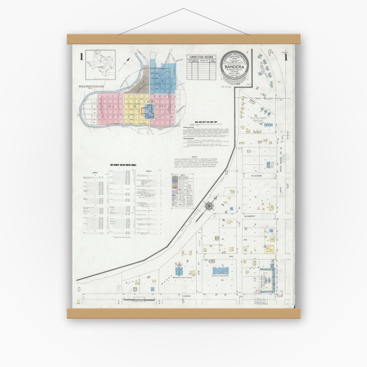 Old map wall art mockup — magnetic wood frame on white wall — Sanborn Fire Insurance Map from Bandera, Bandera County, Texas (1950) - Complete Map Set