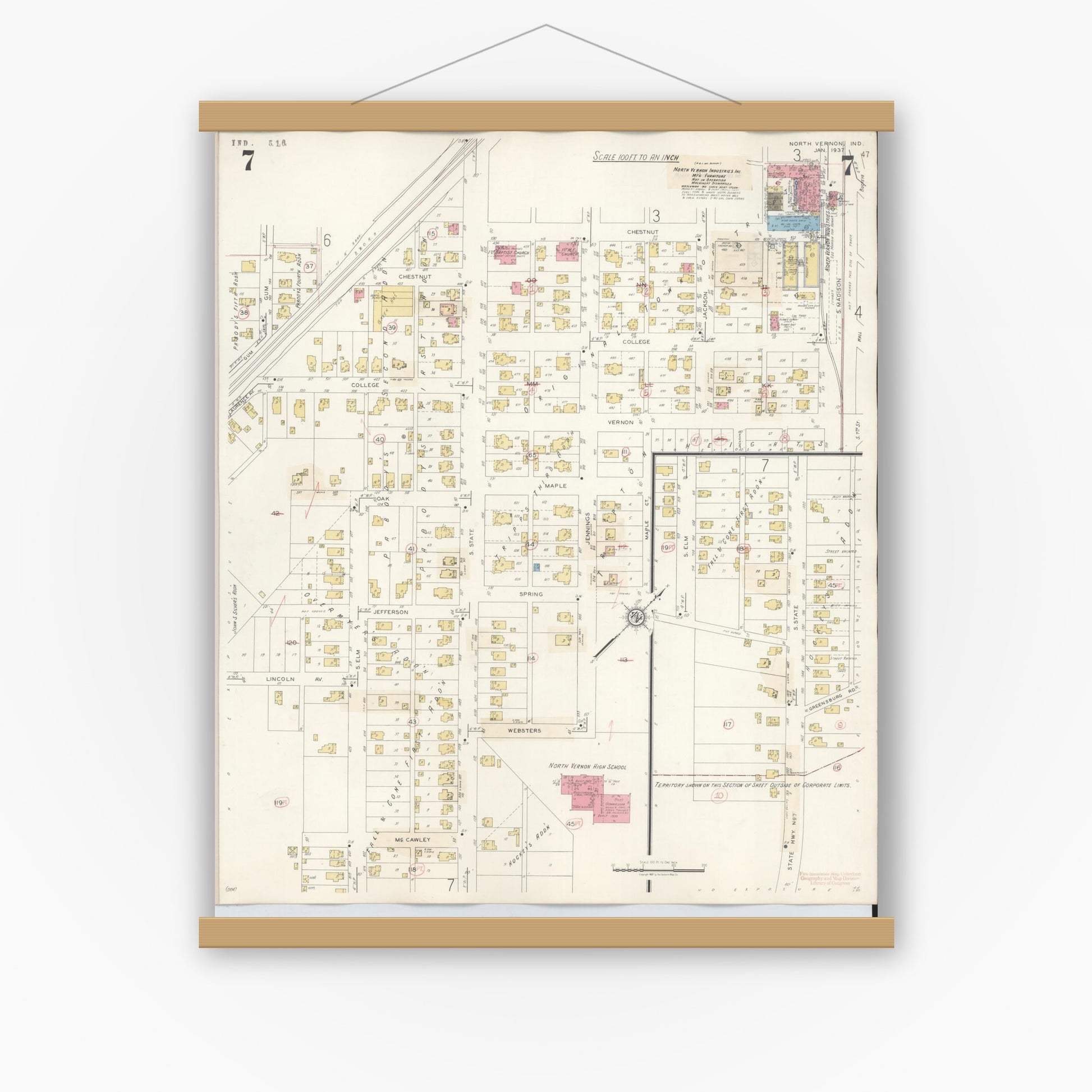 Old map wall art mockup — magnetic wood frame on white wall — Sanborn Fire Insurance Map from North Vernon, Jennings County, Indiana (1943), Sheet #0007